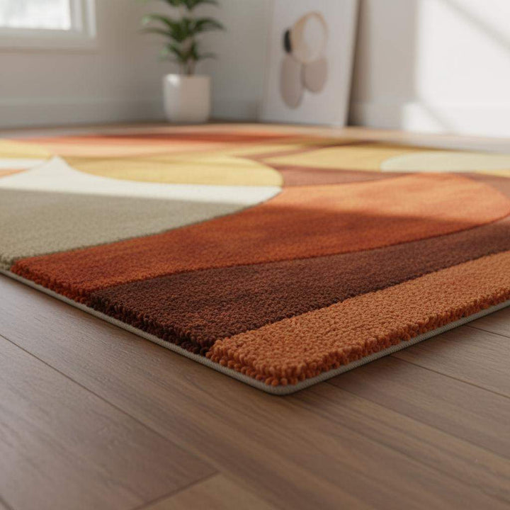 Translation missing: en.Mid Century Modern Rug — Retro Geometric Area Rug, Hand-Tufted High-Pile Wool Look — Burnt Orange Mustard Living Room Accent Carpet