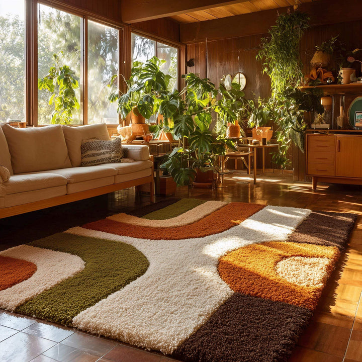 Translation missing: en.Mid-Century Modern Shag Rug with mustard ochre and green geometric pattern in plush high-pile texture