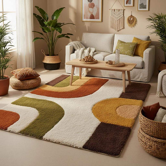 Translation missing: en.Mid Century Modern Shag Rug | 70s Retro Area Carpet | Mustard Ochre Green Geometric Abstract High Pile Rug | Vintage Style Living Room Decor
