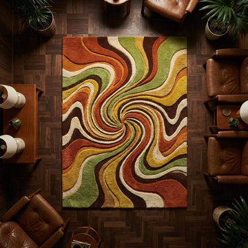 Translation missing: en.Mid Century Modern Swirl Area Rug in retro 70s colors with handmade tufted wool design
