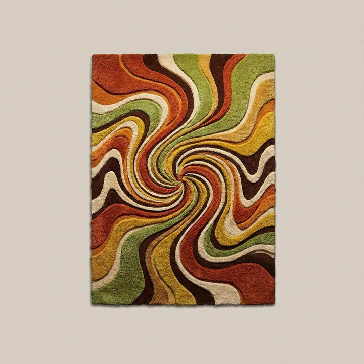 Translation missing: en.Mid century modern abstract rug featuring psychedelic swirl pattern and textured tufted pile
