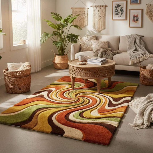 Translation missing: en.Colorful retro wool area rug styled in a vintage living room with leather chairs and wood flooring