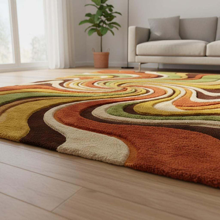 Translation missing: en.Mid Century Modern Swirl Area Rug, Handmade Tufted Wool Living Room Decor