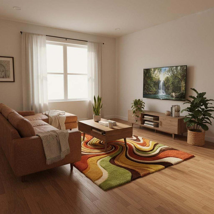 Translation missing: en.Boho psychedelic swirl rug showcasing bold 1970s inspired curves and earthy color palette