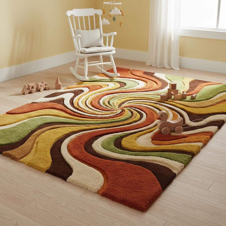 Translation missing: en.Mid Century Modern Swirl Area Rug, Handmade Tufted Wool Living Room Decor