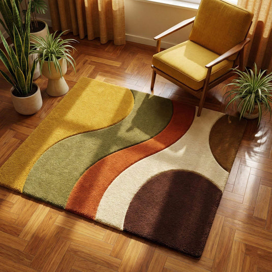 Translation missing: en.Mid century modern wavy area rug with earth tone abstract pattern in mustard, olive, rust, cream, and brown