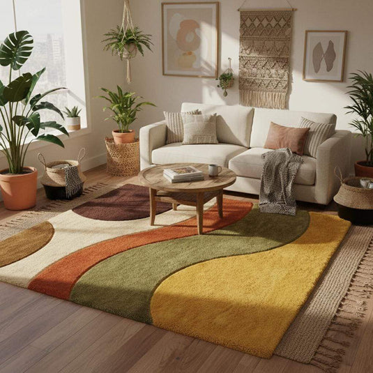 Translation missing: en.Retro 70s style wavy rug in warm colors, soft plush pile area rug anchoring a cozy seating corner with indoor plants and floor-to-ceiling drapes