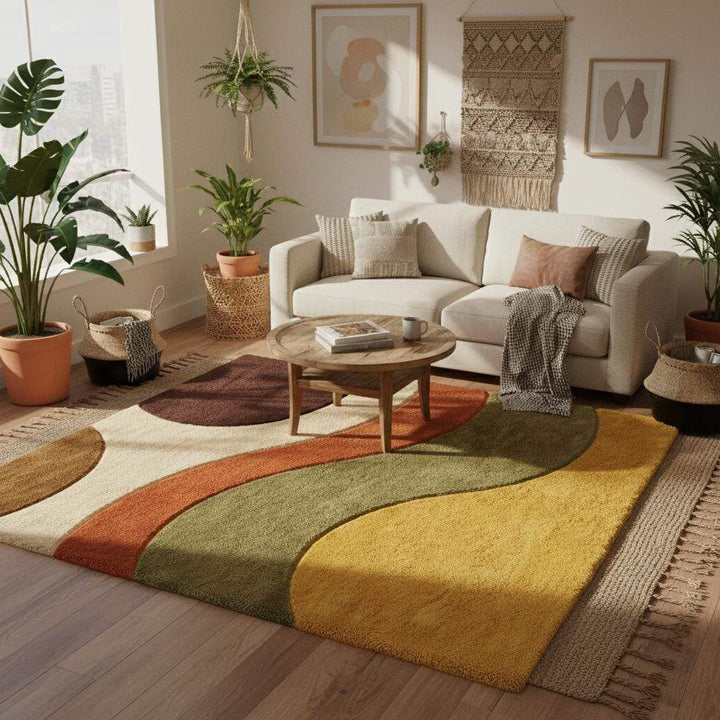 Translation missing: en.Retro 70s style wavy rug in warm colors, soft plush pile area rug anchoring a cozy seating corner with indoor plants and floor-to-ceiling drapes