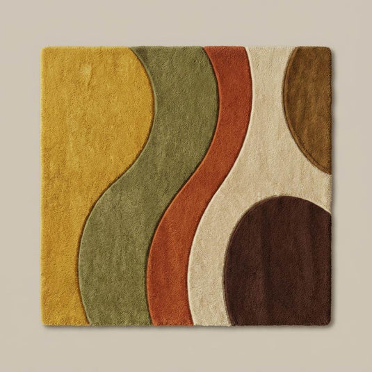 Translation missing: en.Geometric waves rug in mustard, green, orange and brown, modern mid century inspired carpet perfect for living room or reading nook interior styling