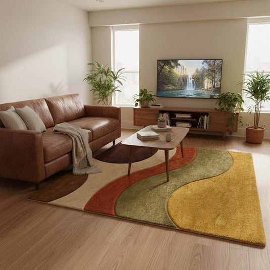 Translation missing: en.Cozy retro living room with abstract mid century modern rug on wooden floor, wavy earth tone pattern under a mustard yellow armchair and houseplants