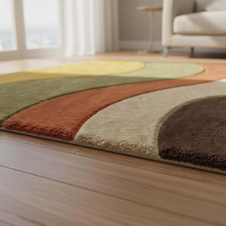Translation missing: en.Warm earth tone modern area rug with curved color blocks, mid century style carpet for living room decor, shown from above on a parquet floor with natural light