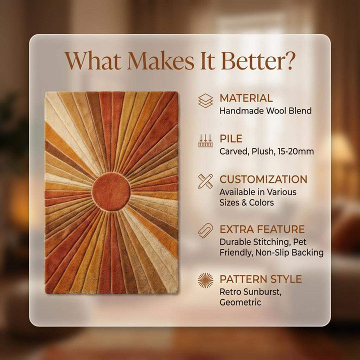 Translation missing: es.Mid Century Sunburst Retro Hand Tufted Wool Rug in Warm Earth Tones