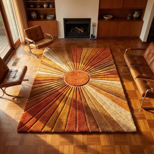 Translation missing: es.Mid Century Sunburst Rug in warm earth tones with high-pile shag texture and 1970s retro geometric design