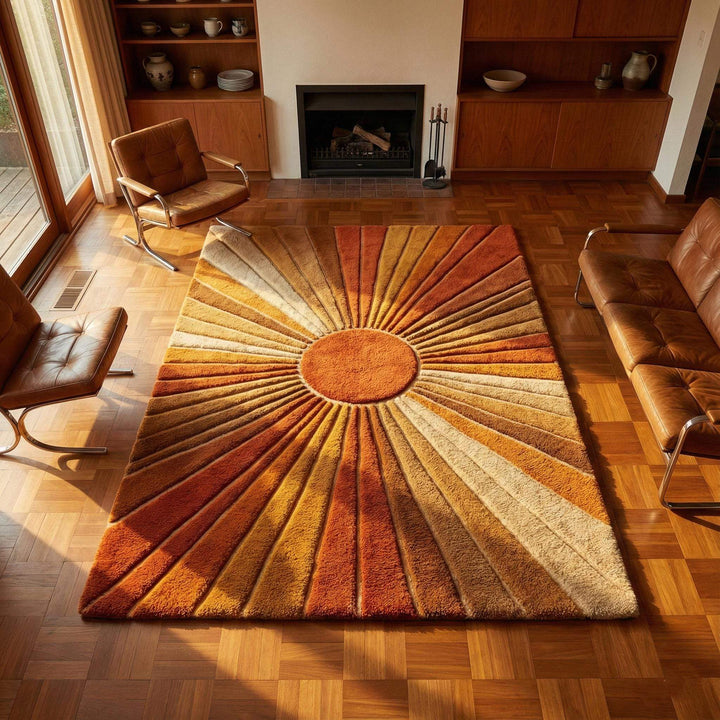 Translation missing: es.Mid Century Sunburst Rug in warm earth tones with high-pile shag texture and 1970s retro geometric design