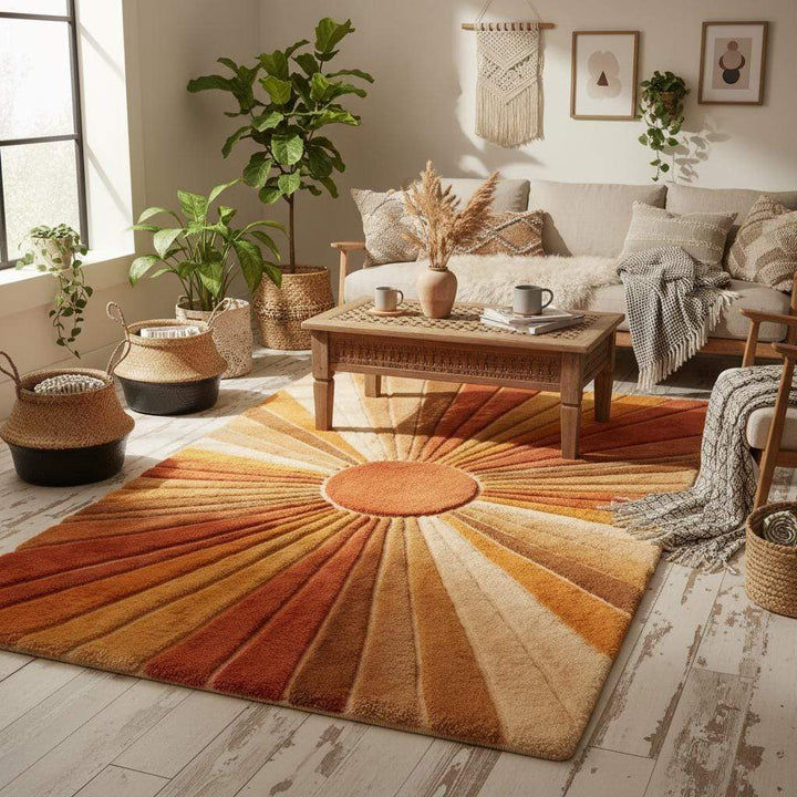 Translation missing: es.70s style geometric rug in burnt orange and beige colors, soft tufted statement rug for warm vintage home décor