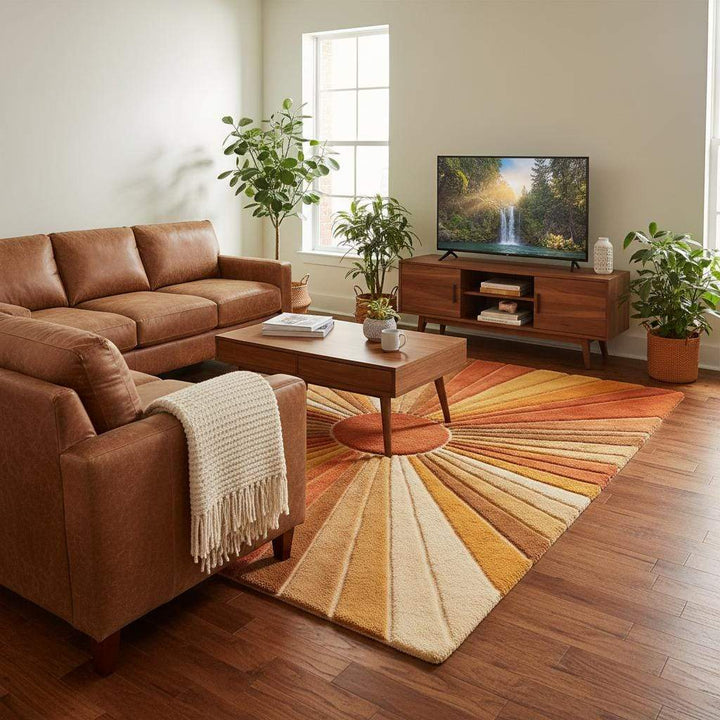 Translation missing: es.Vintage inspired sunburst area rug with radiating pattern and cozy shag texture, ideal for retro and boho interiors