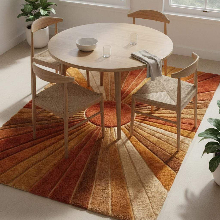 Translation missing: es.Mid century modern shag rug with orange and brown sun design, statement carpet for stylish living room décor