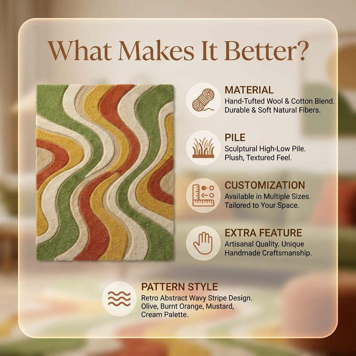 Translation missing: es.Mid Century Wavy Stripe Wool Area Rug Retro Living Room