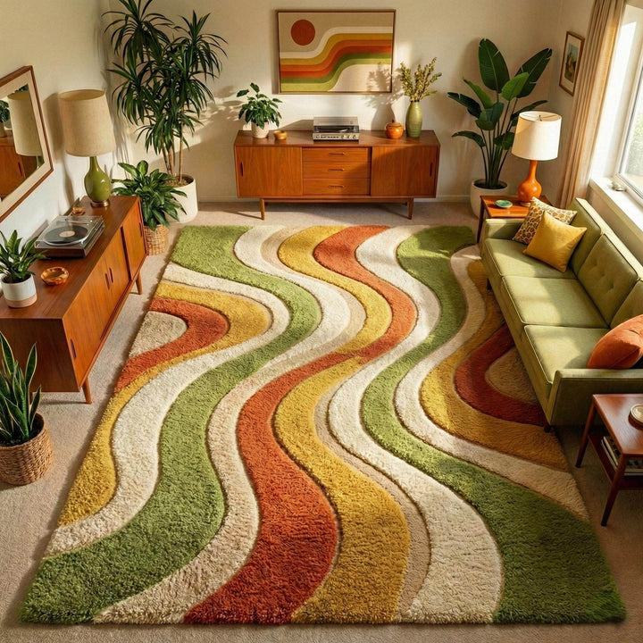 Translation missing: es.Mid century wavy stripe wool area rug with retro 70s colors in living room