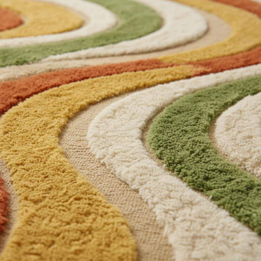 Translation missing: es.Close-up of plush hand-tufted wool rug showing thick high-pile texture, sculpted wavy stripe pattern and soft yarn fibers