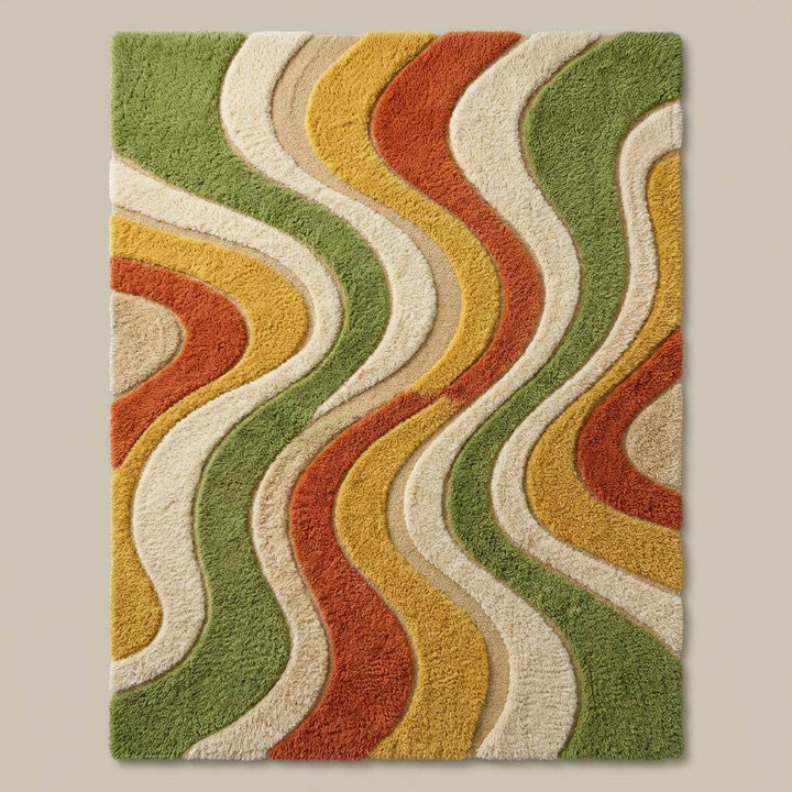 Translation missing: es.Rectangular abstract area rug with flowing curved stripe pattern in mid century modern design