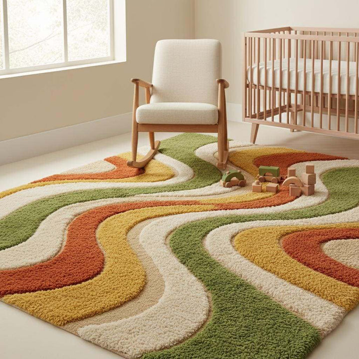Translation missing: es.Colorful wool rug displaying avocado green, mustard yellow, burnt orange and cream wavy stripes