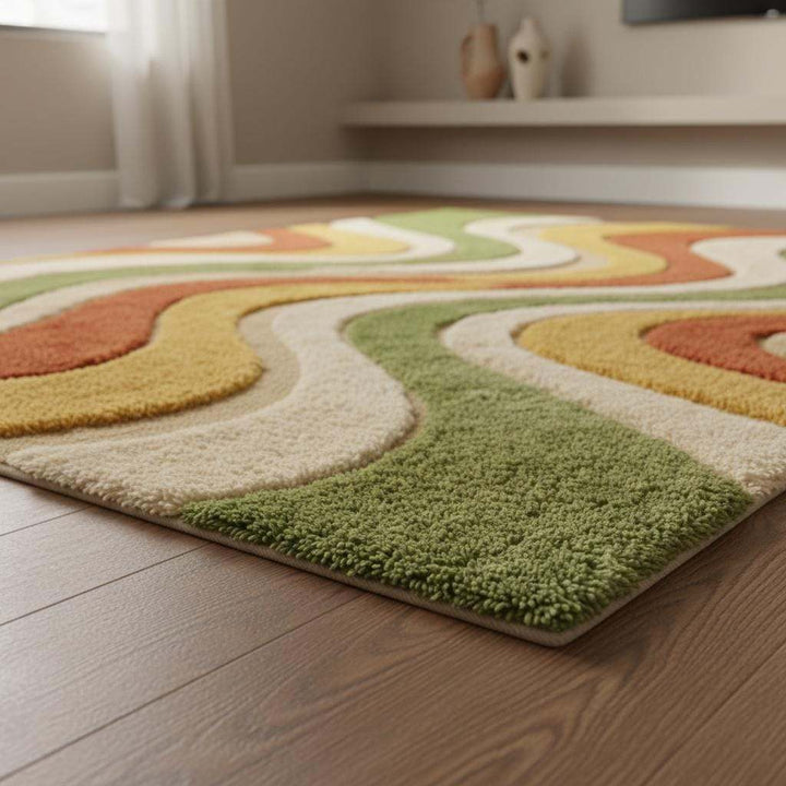Translation missing: es.Mid Century Wavy Stripe Wool Area Rug Retro Living Room