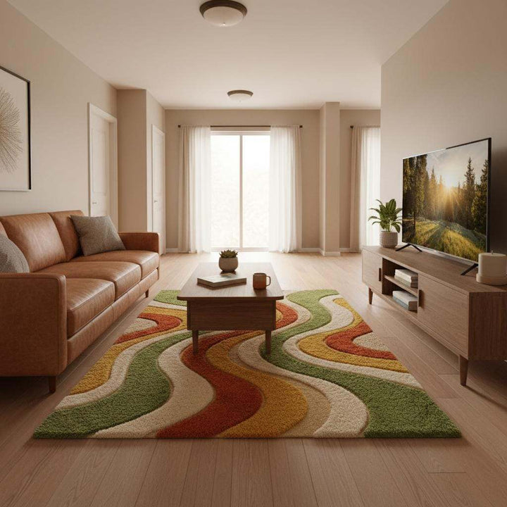 Translation missing: es.Hand-tufted artisan wool rug showcasing dense pile height and carved pattern definition