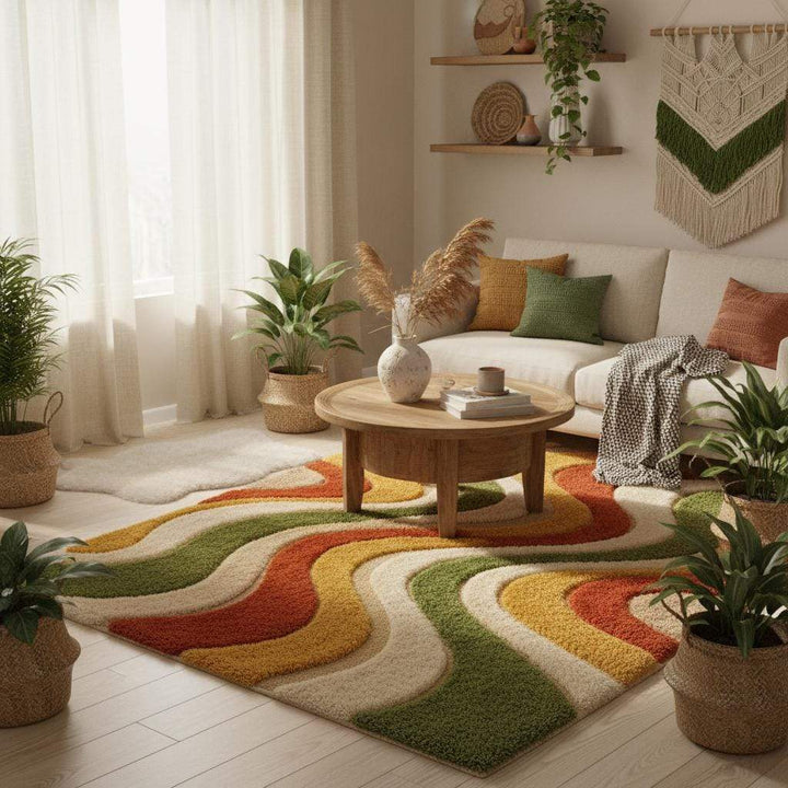 Translation missing: es.Retro styled living room interior featuring abstract wavy stripe area rug as centerpiece under green sofa