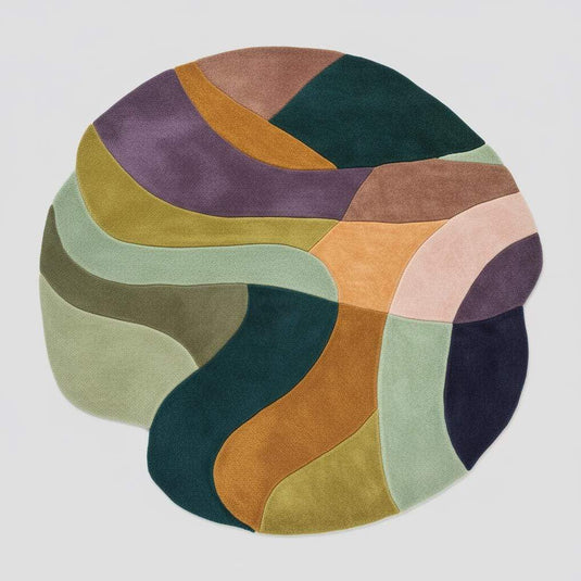 Translation missing: es.Abstract wool rug hand-tufted with freeform color block design in teal, olive, mustard, blush, navy, and lavender