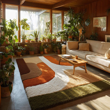 Translation missing: fr.Earth tone plush rug with soft high pile texture and abstract curved block design in warm geometric colors