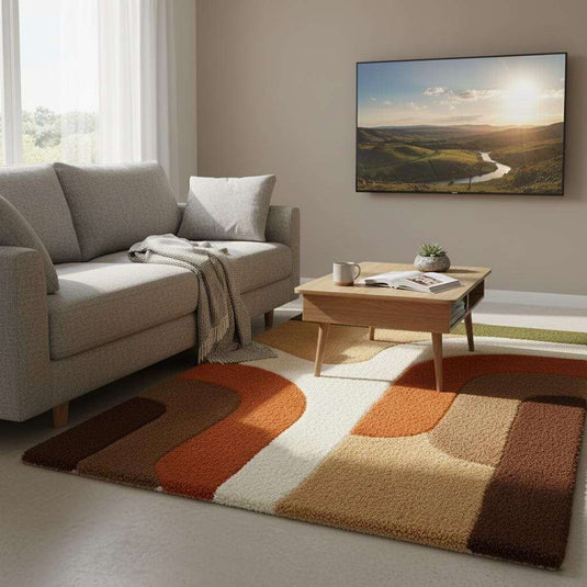 Translation missing: es.Large earth tone plush rug with abstract mid century design and soft high pile texture