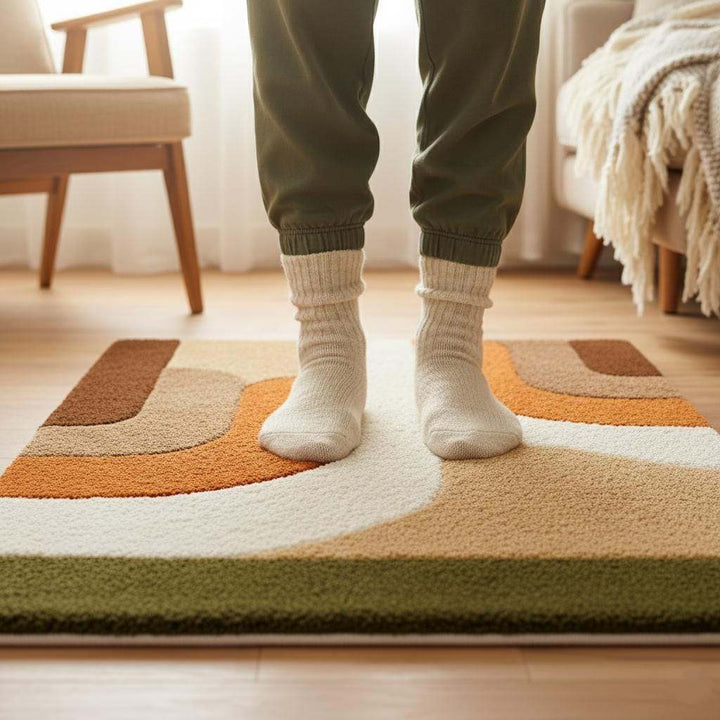 Translation missing: en.Earth tone plush rug with soft high pile texture and abstract mid-century design in warm geometric colors