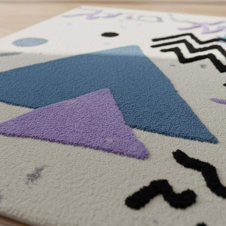 Translation missing: es.Abstract geometric rug with pastel blue and lavender shapes on ivory base and soft bouclé texture