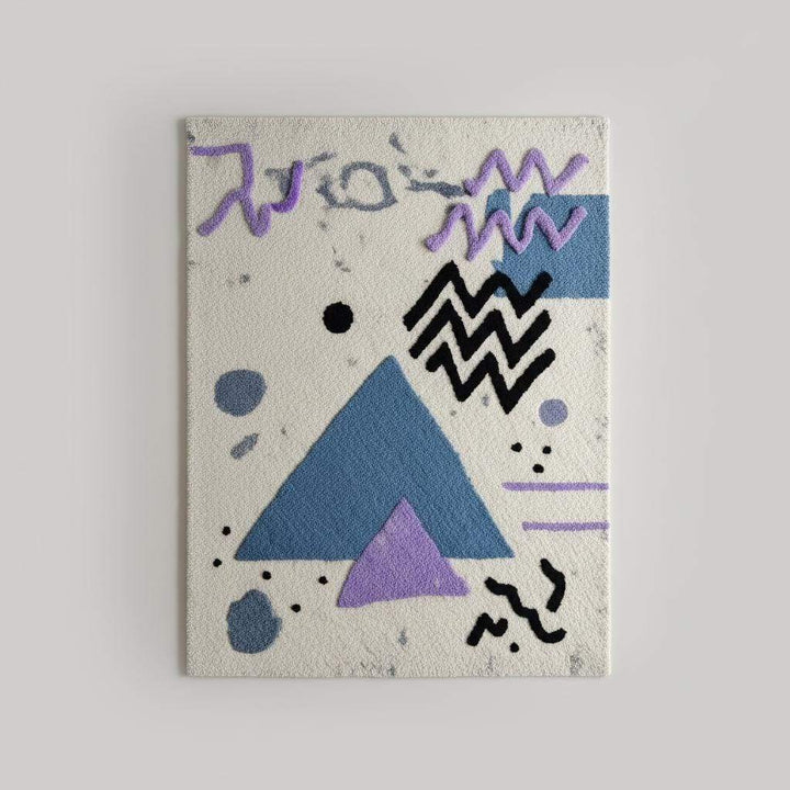Translation missing: es.Abstract geometric rug with pastel blue and lavender shapes on ivory, soft bouclé texture and modern Memphis style design