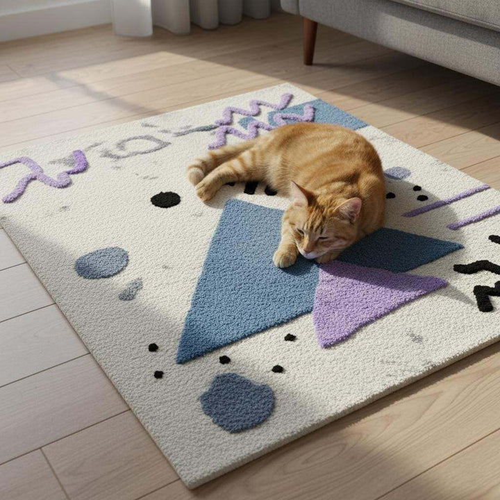Translation missing: es.Abstract geometric rug with pastel blue and lavender shapes on ivory bouclé texture