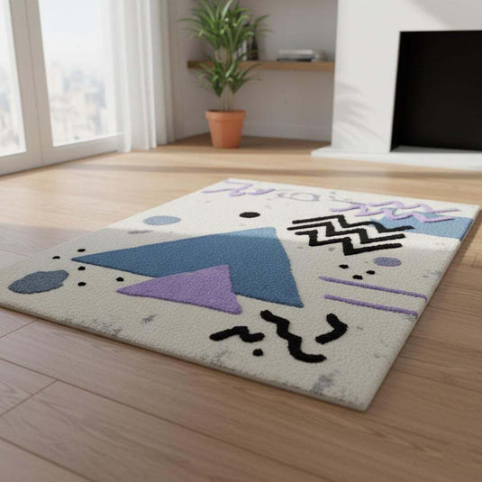 Translation missing: es.Abstract geometric rug with pastel blue and lavender shapes on ivory bouclé texture