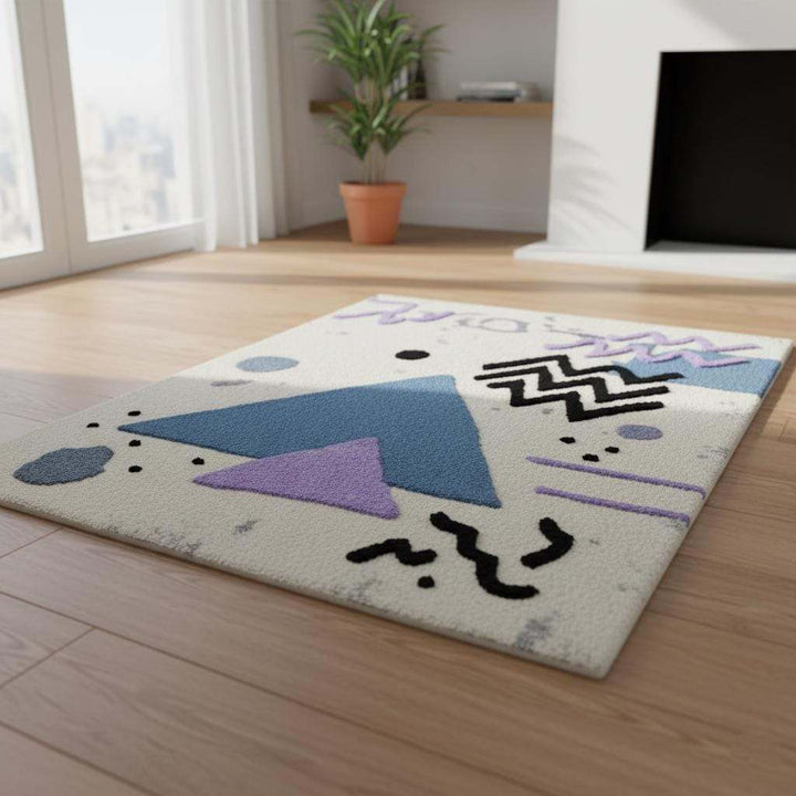 Translation missing: es.Abstract geometric rug with pastel blue and lavender shapes on ivory bouclé texture