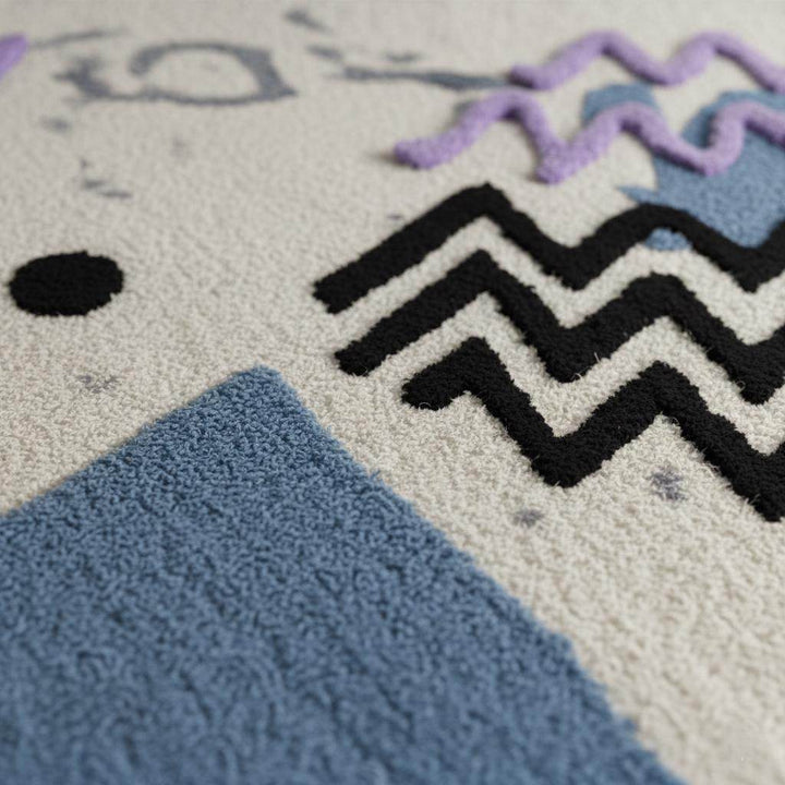Translation missing: es.Abstract geometric rug with pastel blue and lavender shapes on an ivory base, soft bouclé texture, modern Memphis style design