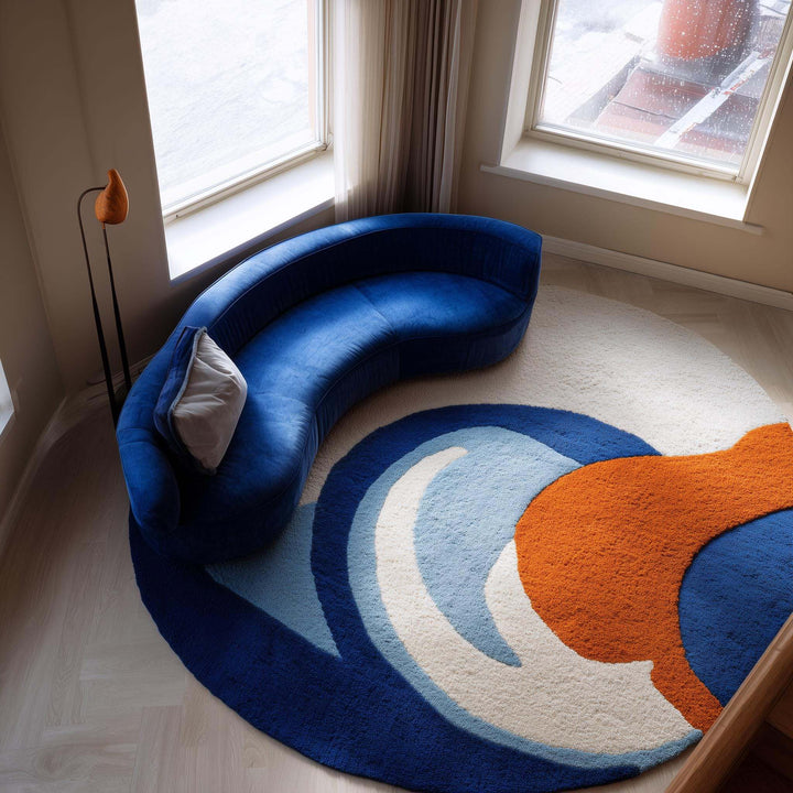 Translation missing: en.Modern abstract rug hand tufted round wool carpet in blue and orange tones