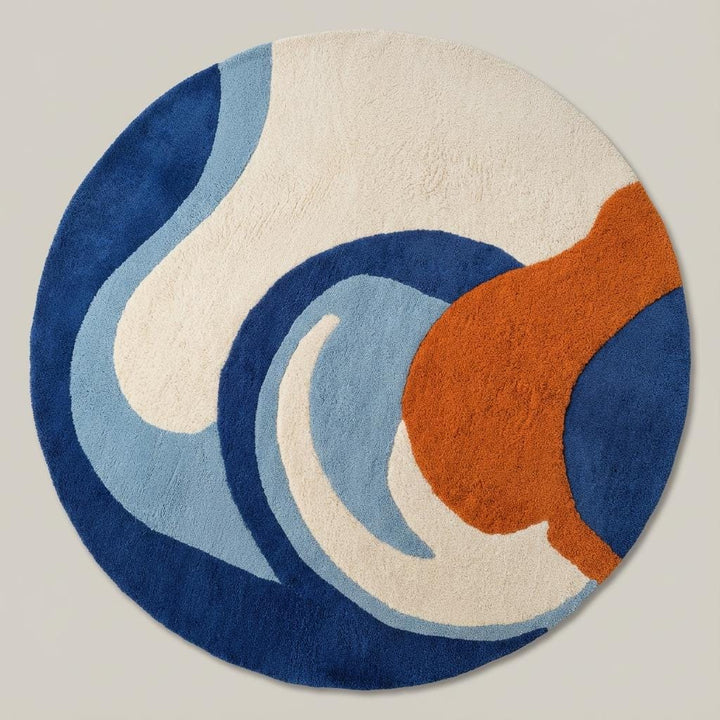 Translation missing: en.Modern abstract round hand tufted wool rug in blue and orange tones