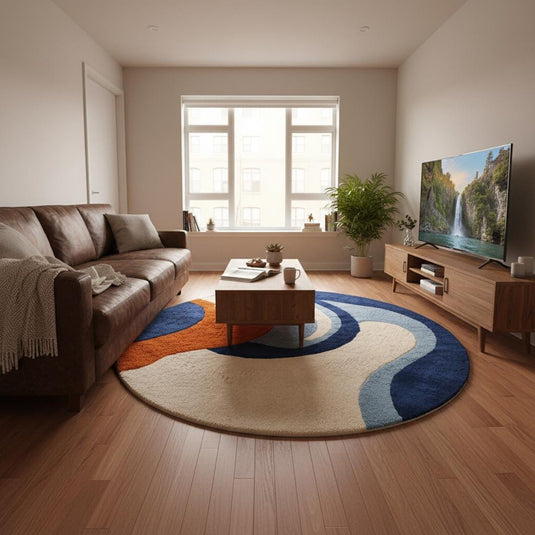 Translation missing: en.Modern abstract rug hand tufted round wool carpet with blue and orange design
