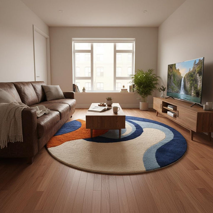 Translation missing: en.Modern abstract rug hand tufted round wool carpet with blue and orange design