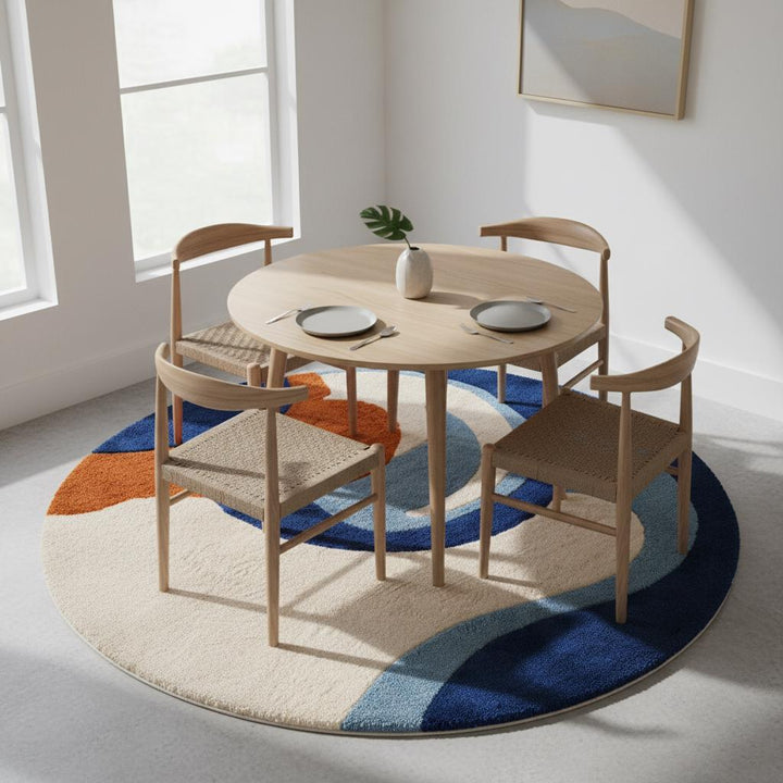 Translation missing: en.Hand tufted modern abstract rug in blue and orange wool, round area carpet with bold contemporary design