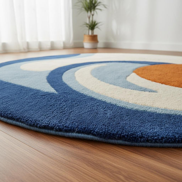 Translation missing: en.Modern abstract round hand tufted wool rug in blue and orange tones for contemporary living room decor