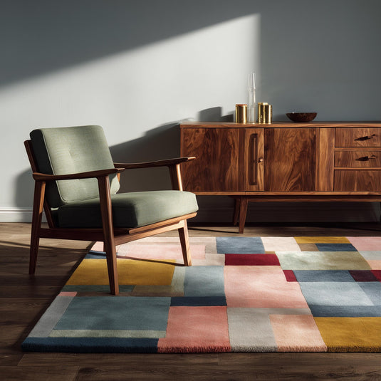 Translation missing: en.Mid century wool rug with pastel geometric pattern, hand-tufted durable wool carpet for modern living room decor