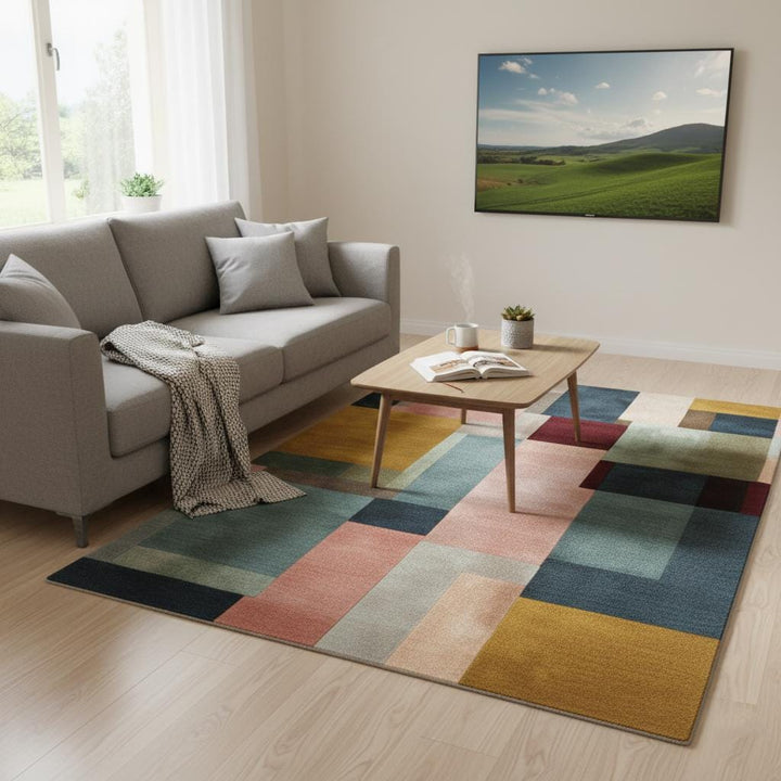 Translation missing: en.Modern Colour-Block Area Rug | Mid-Century Walnut &amp; Pastel Squares – Soft Geo Pattern for Living Room, Bedside and Lounge Teppich