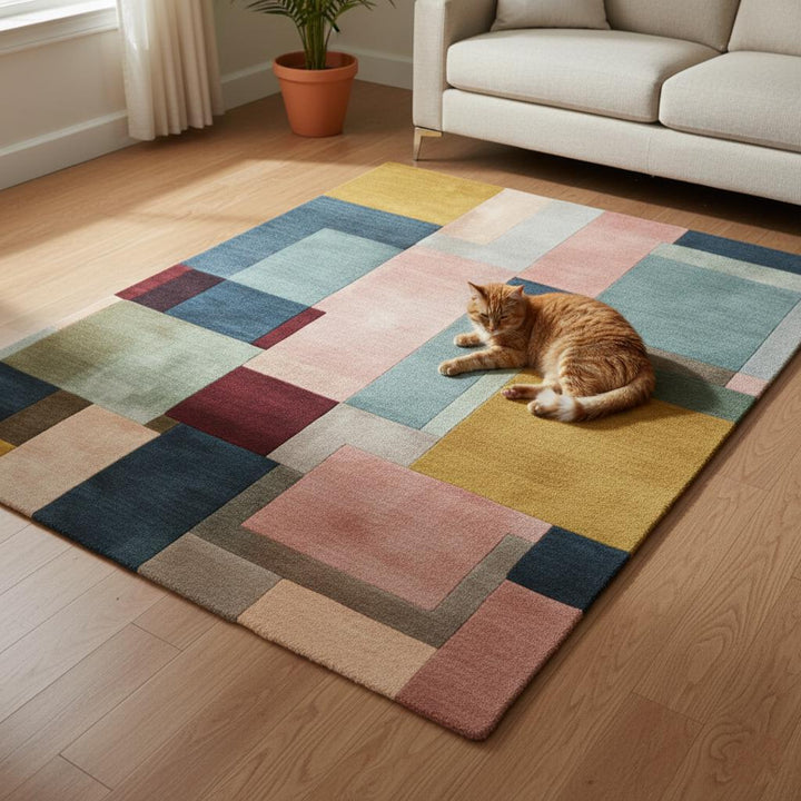 Translation missing: en.Modern Colour-Block Area Rug | Mid-Century Walnut &amp; Pastel Squares – Soft Geo Pattern for Living Room, Bedside and Lounge Teppich