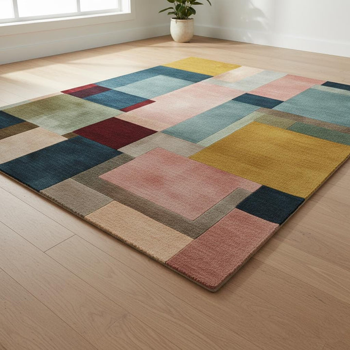 Translation missing: en.Modern Colour-Block Area Rug | Mid-Century Walnut &amp; Pastel Squares – Soft Geo Pattern for Living Room, Bedside and Lounge Teppich