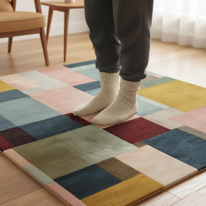 Translation missing: en.Modern Colour-Block Area Rug | Mid-Century Walnut &amp; Pastel Squares – Soft Geo Pattern for Living Room, Bedside and Lounge Teppich